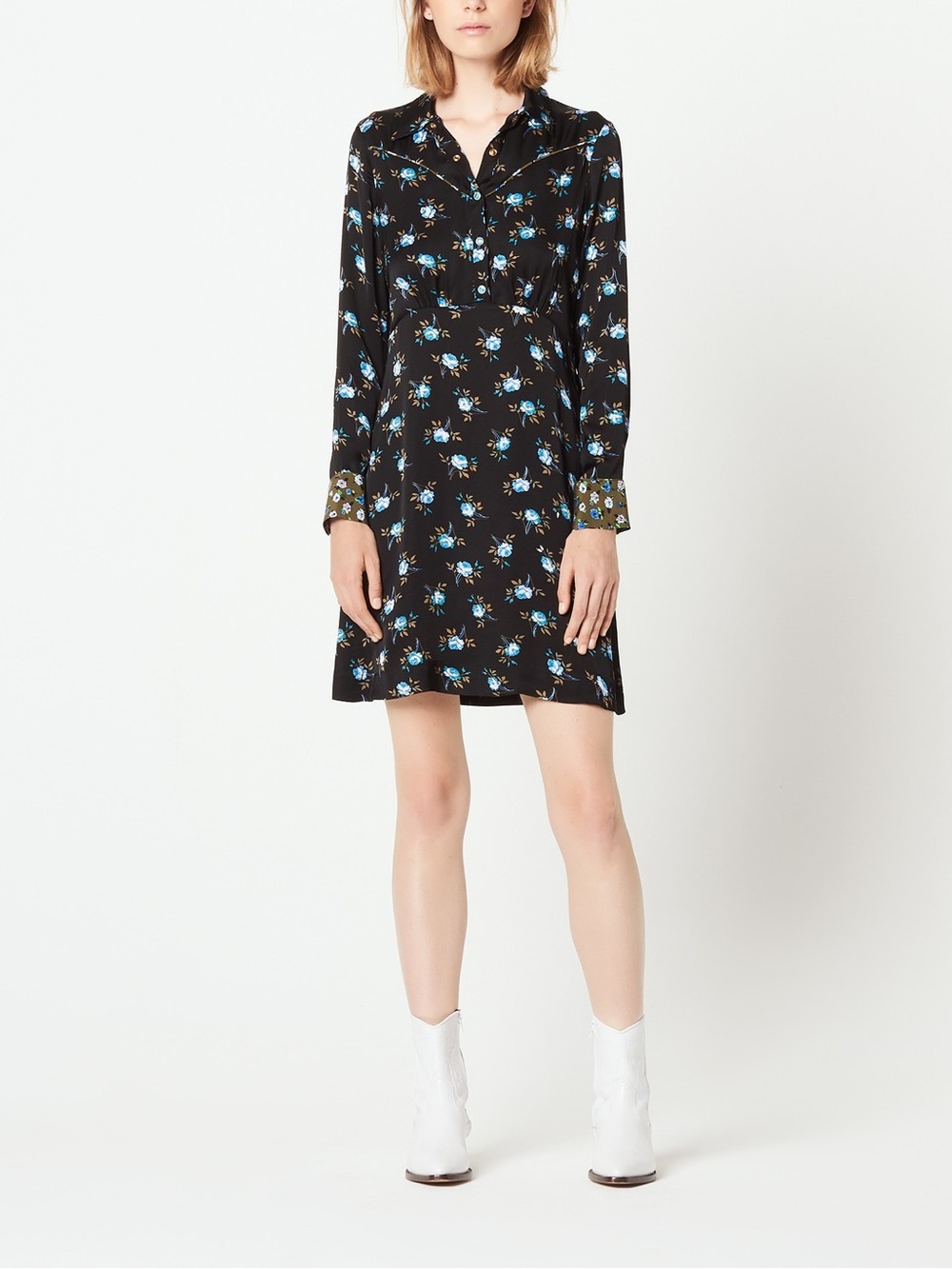 Sandro Paris Black Blue Floral Long Sleeve Mini Dress Size 4